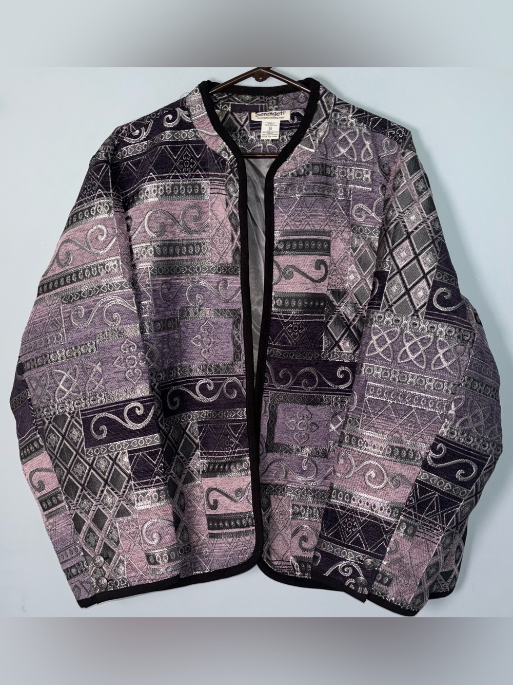 Seregenti Women’s 3X Patchwork Jacquard Blazer Jacket in Purple Open Front